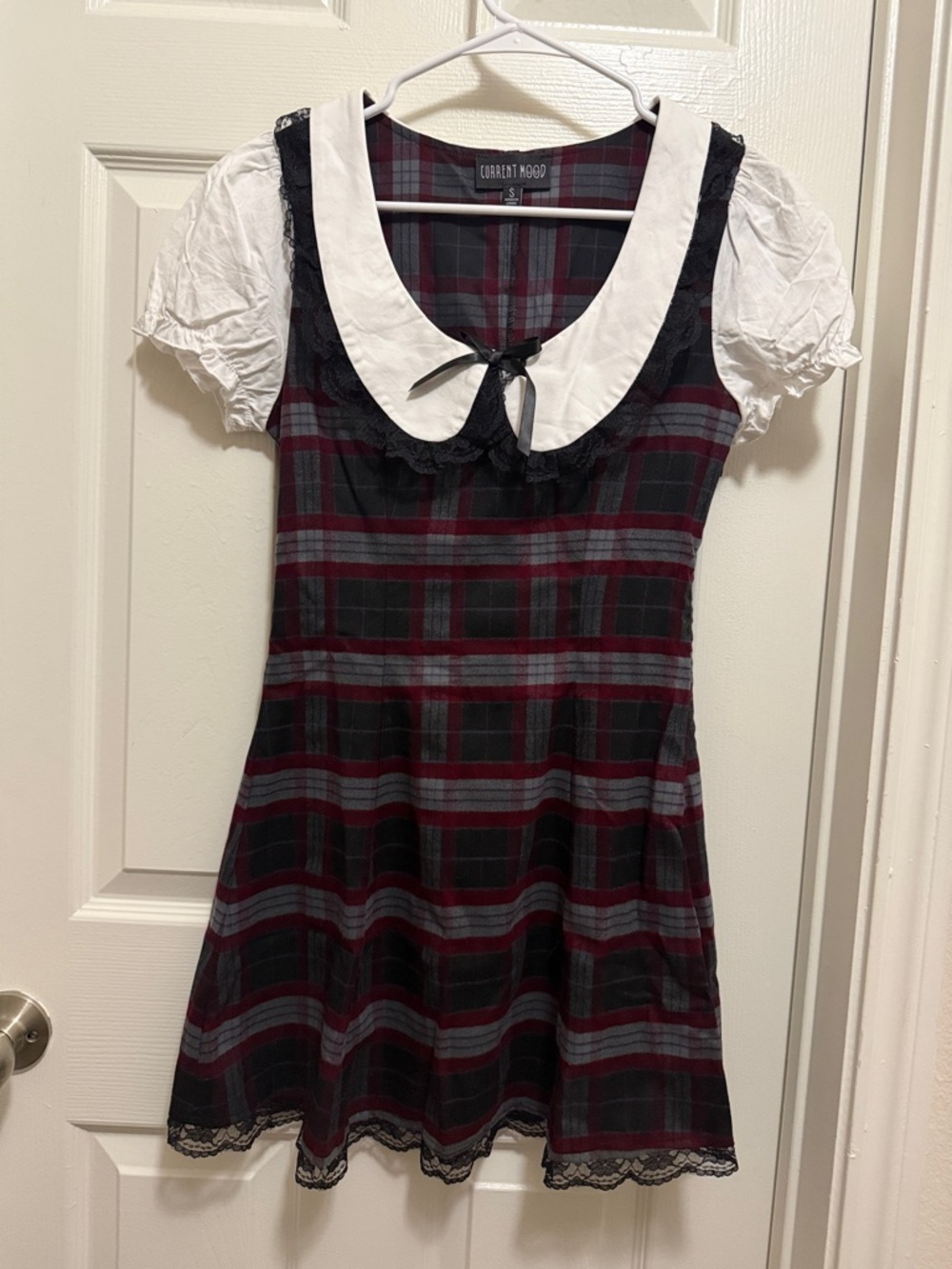 Current Mood Black and Burgundy Plaid Dress with White Collar
